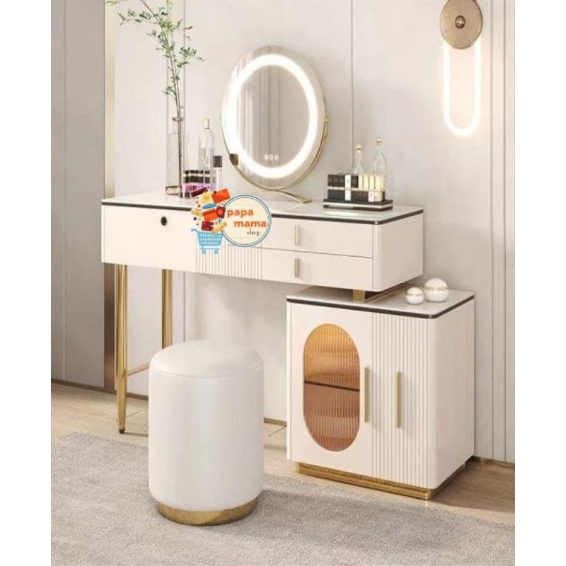Meja Rias Minimalis Import Lampu Led - Meja Rias Kaca Cermin Bulat - Meja Rias 112