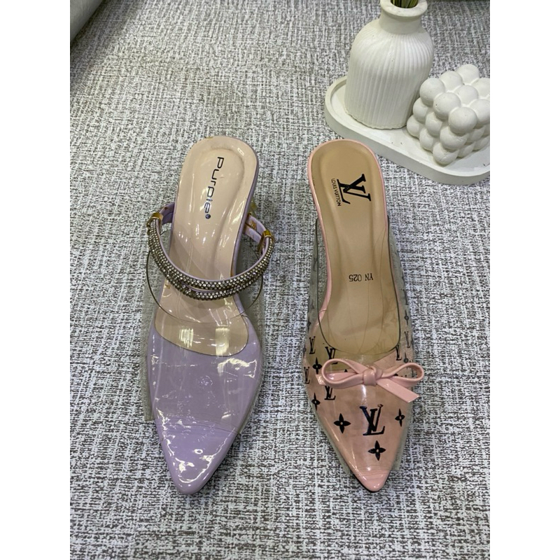 sendal heels hak kaca purple
