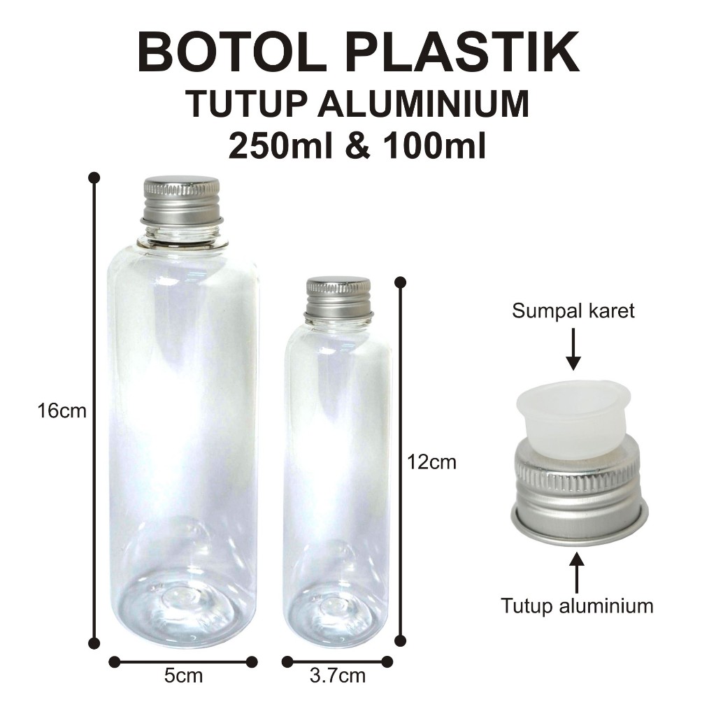 Botol Plastik Bening Tutup Aluminium 250ml dan 100ml - Botol kemasan - botol plastik kemasan - botol