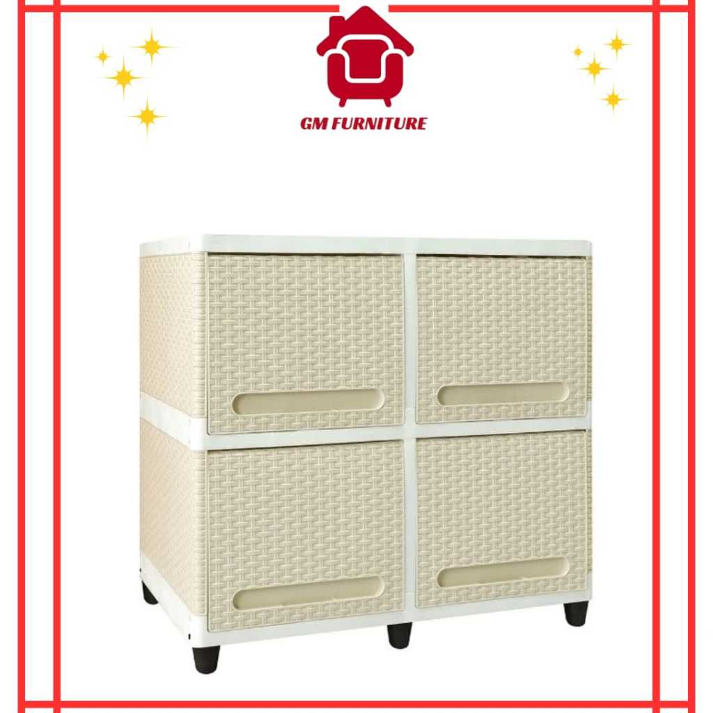 Club Lemari Pakaian Plastik 2 Susun Double Flip Rattan Rotan 4 Pintu 2 Rak Putih Coklat Warna Warni