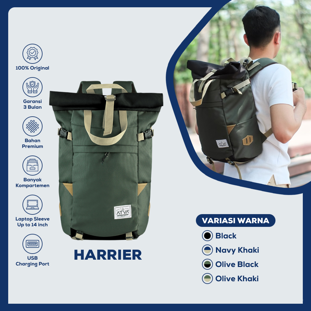 HARRIER OLIVE BLACK ORIGINAL x ATVA Tas Ransel Roll Top Casual Pria Wanita Daily Backpack Kuliah Ker