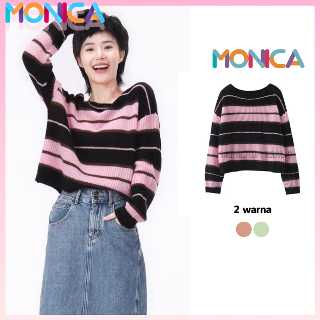 Monica Malas Leher Bulat Pullover Bergaris Wanita Rajutan Atasan Sweater Crop Merah Hijau