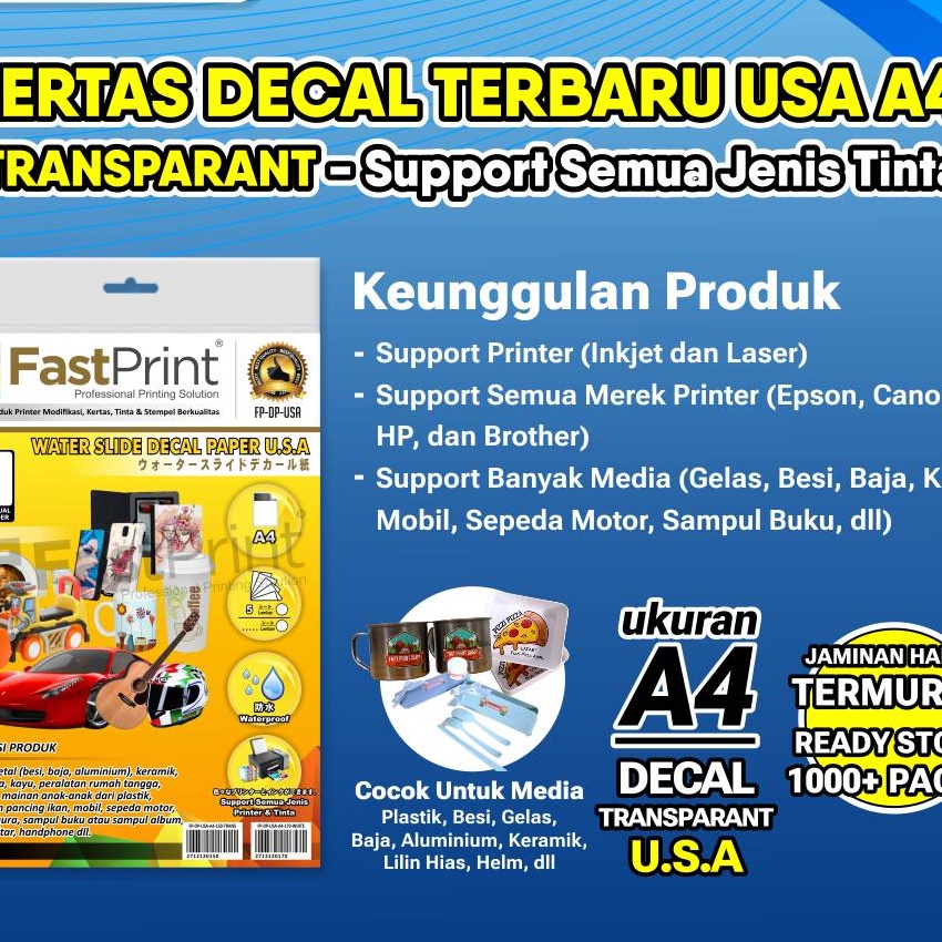 

KI3 Fast Print Kes Water Slide Decal Transparant USA A4 15 Gram