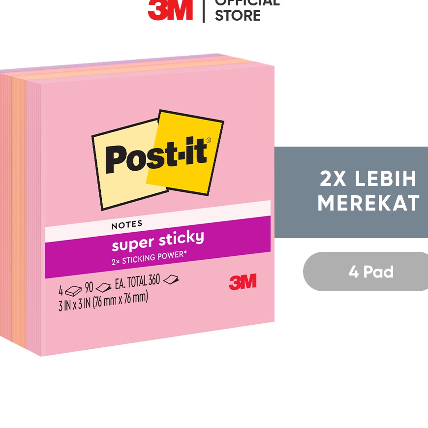 

KP8 3M Postit Sticky Notes Flamingo 654SS FLA 2x merekat 4 pad 76x76 mm Untuk berbagai permukan kes