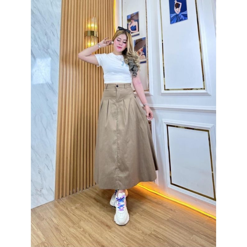 Rok lipit panjang wanita/Rok Rempel kancing resleting depan/Rok Model Mid Waist wanita Korea style/R