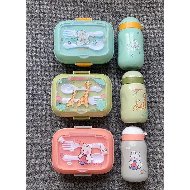 set Kotak Tempat Bekal Makan & Botol Minum Anak Motif Karakter Lucu BPA Free Gratis Sendok dan Garpu