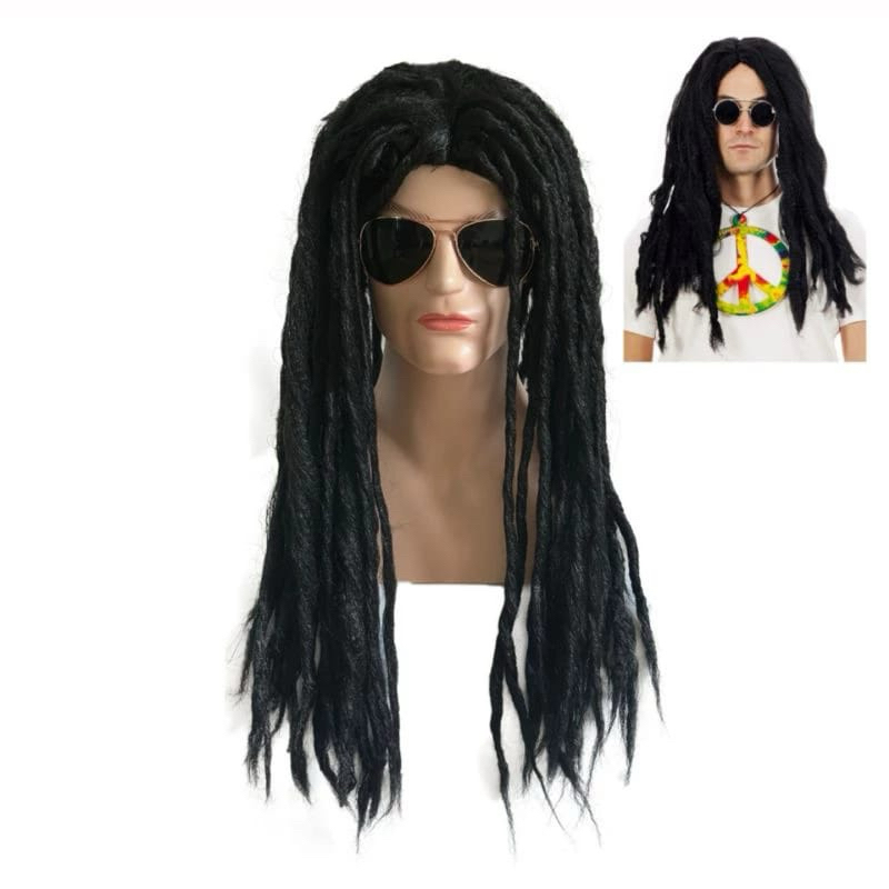 Wig Rambut Pqlsu Pria Gimbal Rasta Mania Wig Rambut Gimbal Panjang Warna Hitam