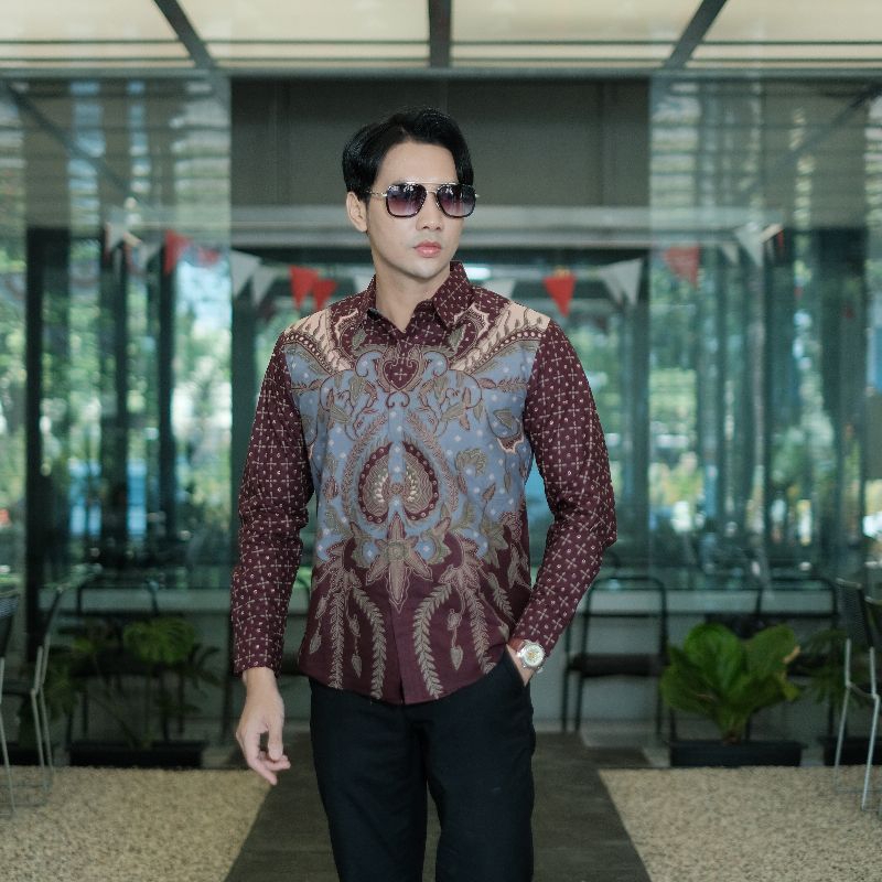 Baju Batik Pria Modern Burgundy Premium Lengan Panjang Katun Halus Adem Furing - Batik Metamorvosa
