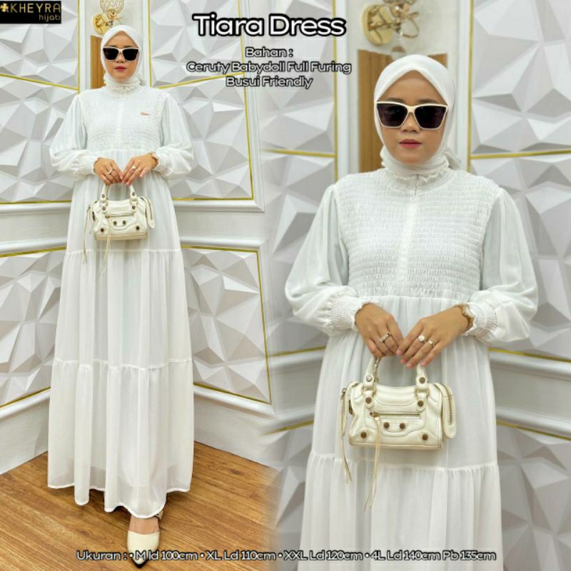 Tiara putih Gamis Ceruty Jumbo Ld 100-140 M-XXXXL Dress Muslim Wanita By Alila
