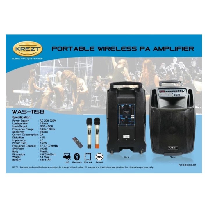 Portable speaker 15 inch portable wireless meeting speaker amplifier PA speaker - KREZT WAS-115 - KR