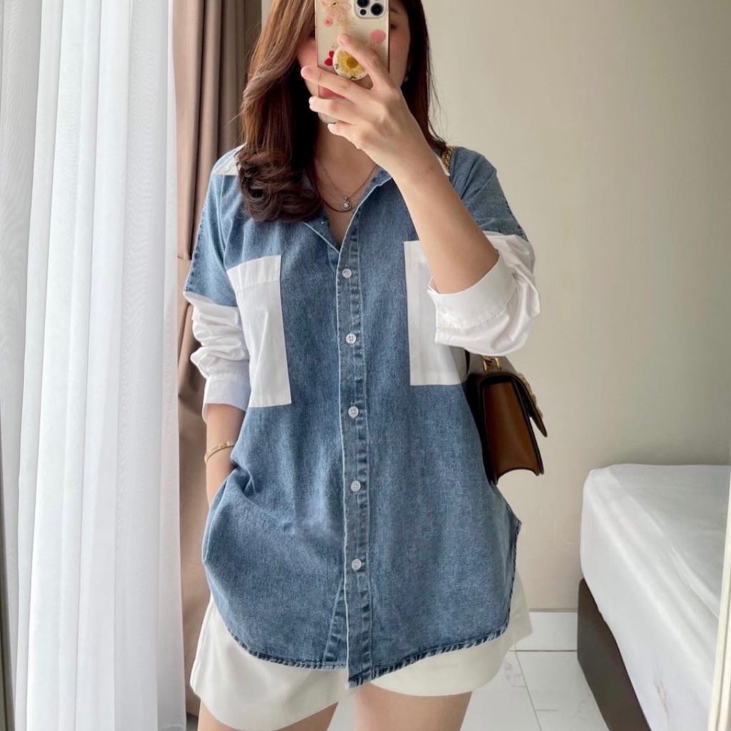 Lissomegirl - Echa Kemeja Wanita Jeans Soft Denim Kombinasi Cotton Poplin Lengan Panjang