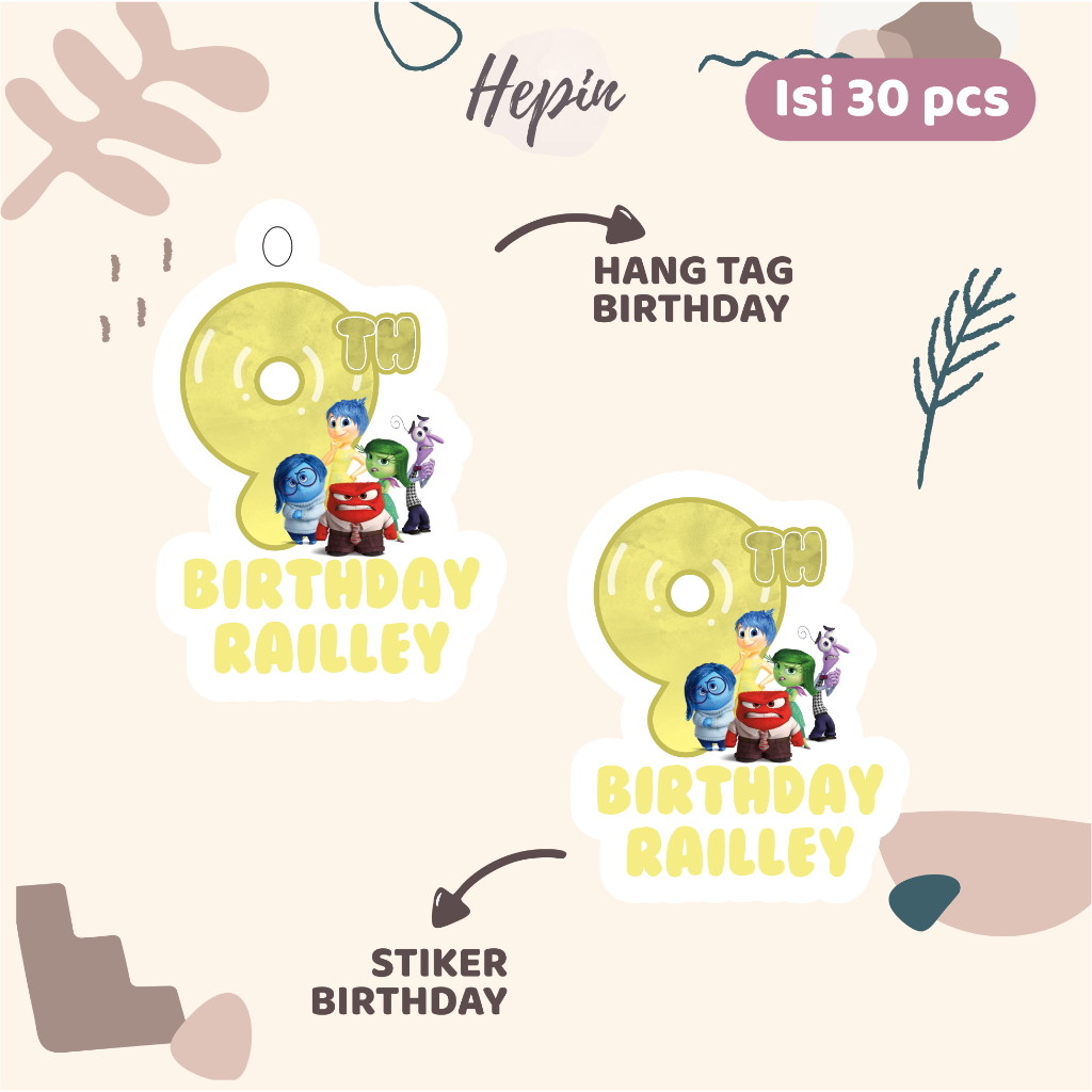 

(30pcs) Hang tag & stiker ulang tahun Tema INSIDE OUT /murah/lucu /label tag ulang tahun murah/hang tag ulang tahun/tag souvenir ulang tahun/stiker nama ualang tahun/diecut stiker&t ag