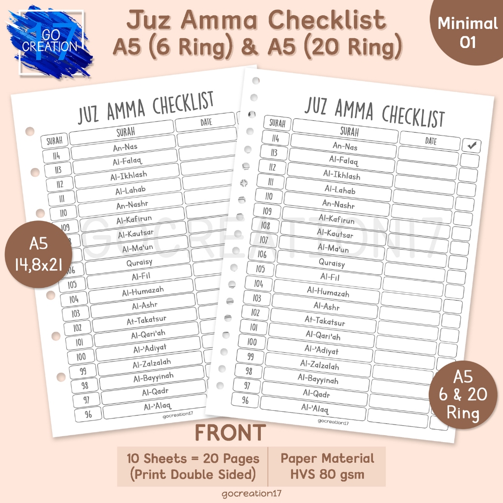 

Buku Planner Kertas Isi Binder Juz Amma Checklist Tracker Simple Minimalis A5