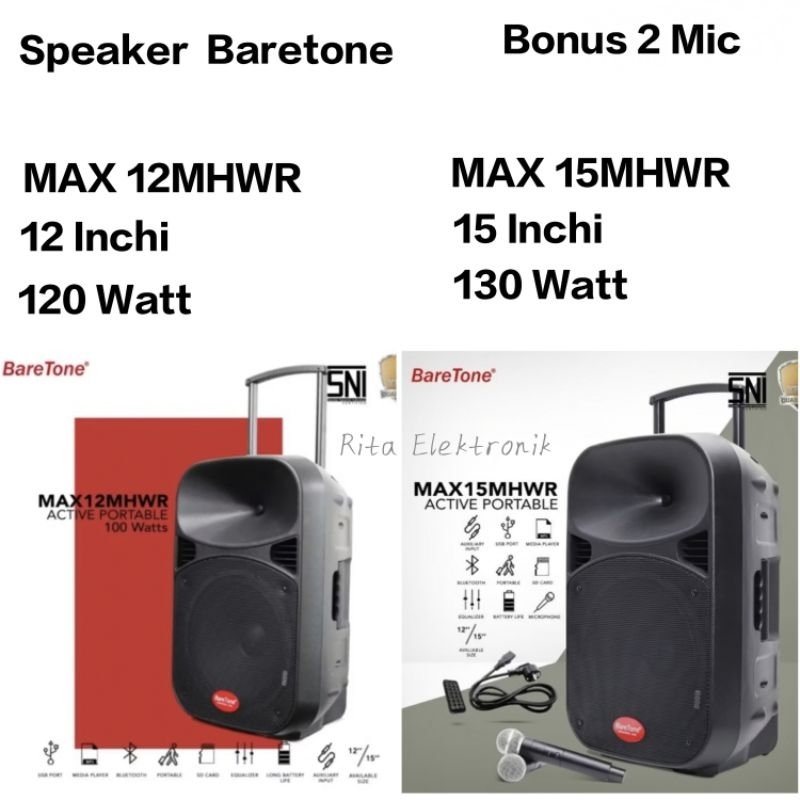Speaker Baretone Portable 15 Inchi Dan 12 Inchi MAX 15MHWR/MAX 12MHWR Bonus 2 Mic Wireless