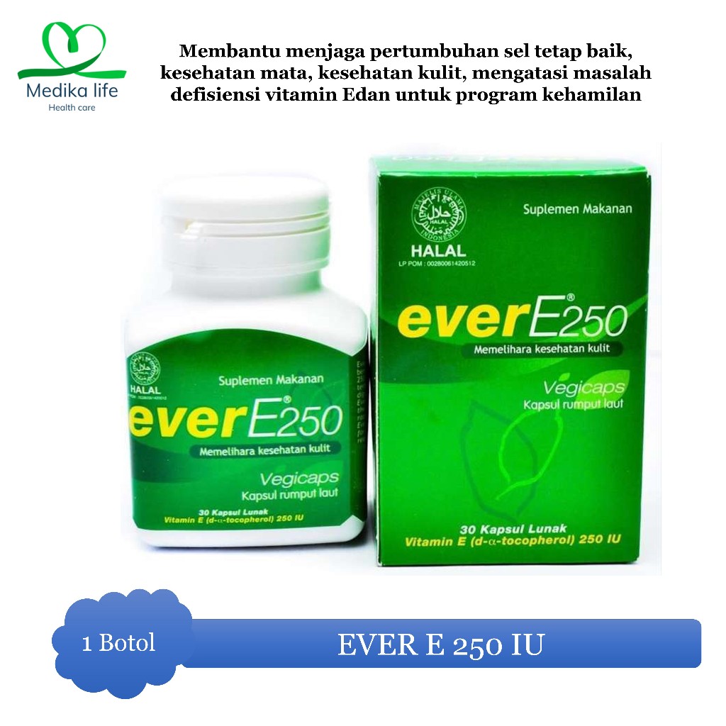 EVER E BOTOL  250 IU Vitamin E Vitamin Kulit - Pencegah Penuaan Dini - Vitamin Promil Isi 30 Kapsul