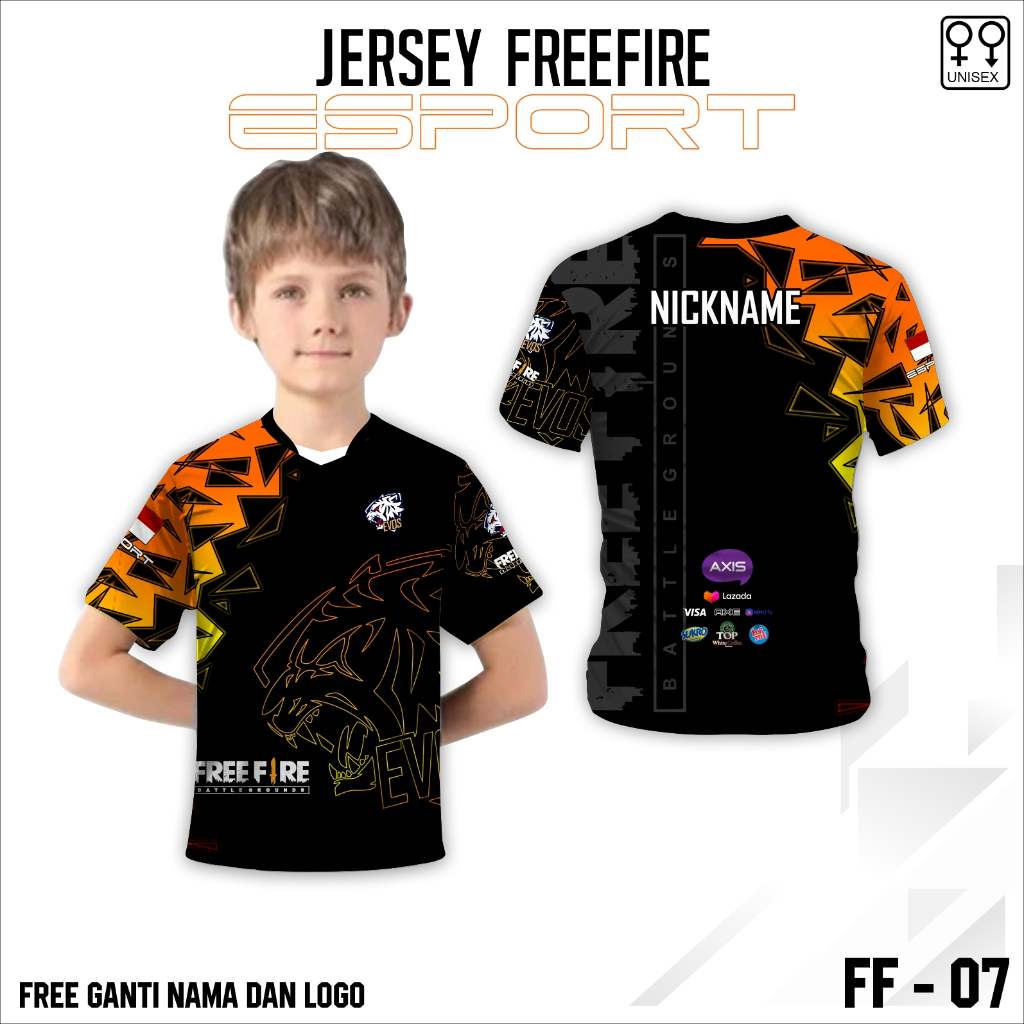 Jersey e sport anak baju free fire kaos esport gamer ff terbaru