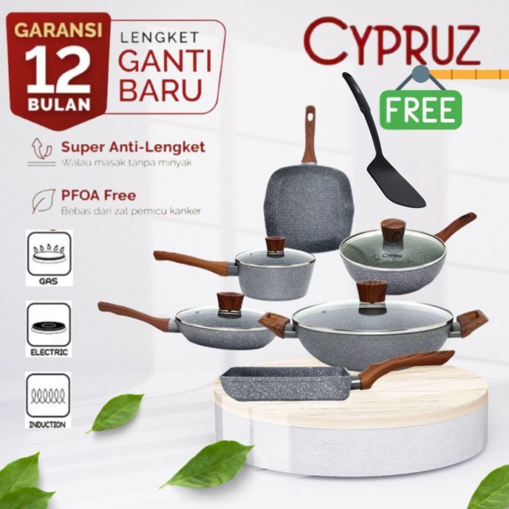 Cyprus Fry Wok Sauce Grill Pan Induksi Cookware Teflon Cypruz Grey Marble Set 6 pcs