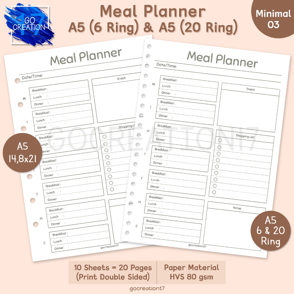 

Buku Planner Kertas Isi Binder Weekly Meal Plan Simple Minimalis A5