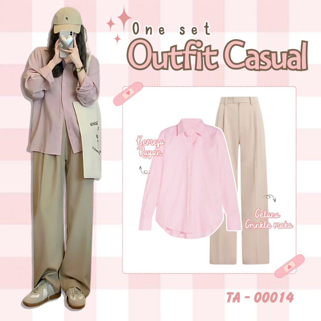 TA 00014 | One set korean style outfit wanita remaja dewasa kekinian atasdan kemeja rayon lengan pan