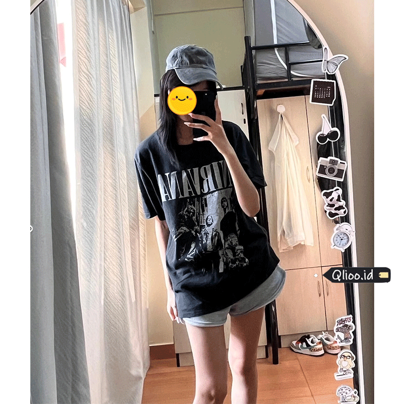 Kaos Hitam Wanita Longgar Lengan Pendek Motif Band NIRVANA/Kaos Oversize Wanita/Washed Top