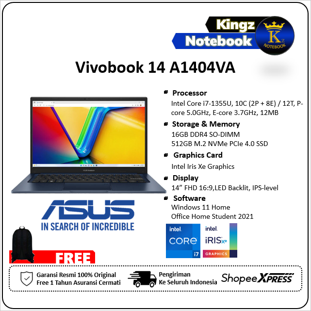 Asus Vivobook 14 A1404VA Core i7 1335U 16GB 512GB Win11+OHS 14" FHD IPS