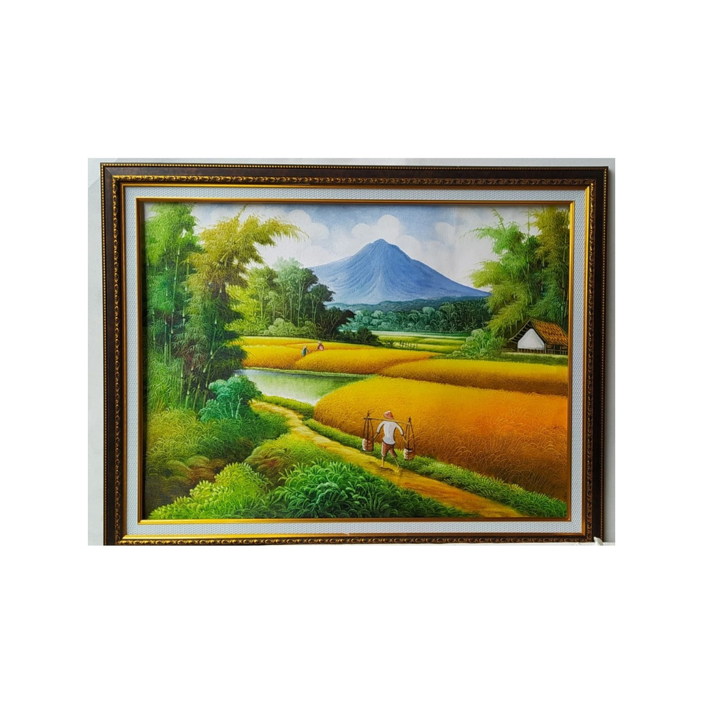 lukisan pemandangan sungai sawah