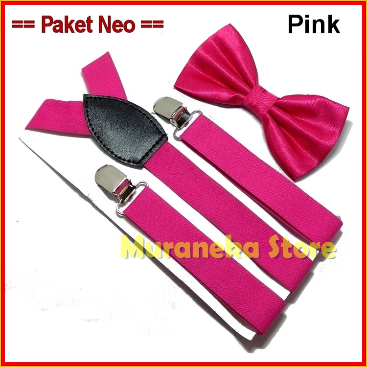 Paket Dasi Bretel Suspender PINK FUSHIA Baju FUSIA Dewasa Polos Setelan Bowtie Tali Jojon Murah Pria