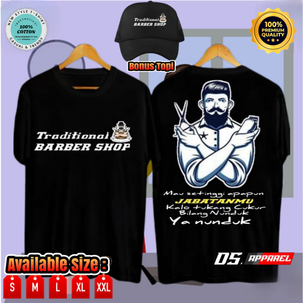 KAOS DISTRO TRADISIONAL BARBER SHOP BAHAN COTTON COMBED BONUS TOPI