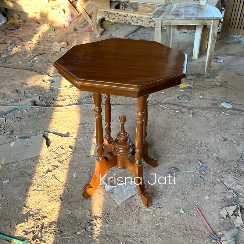 meja kopi jadul kaki bubut segi 8 kayu jati | READY STOCK