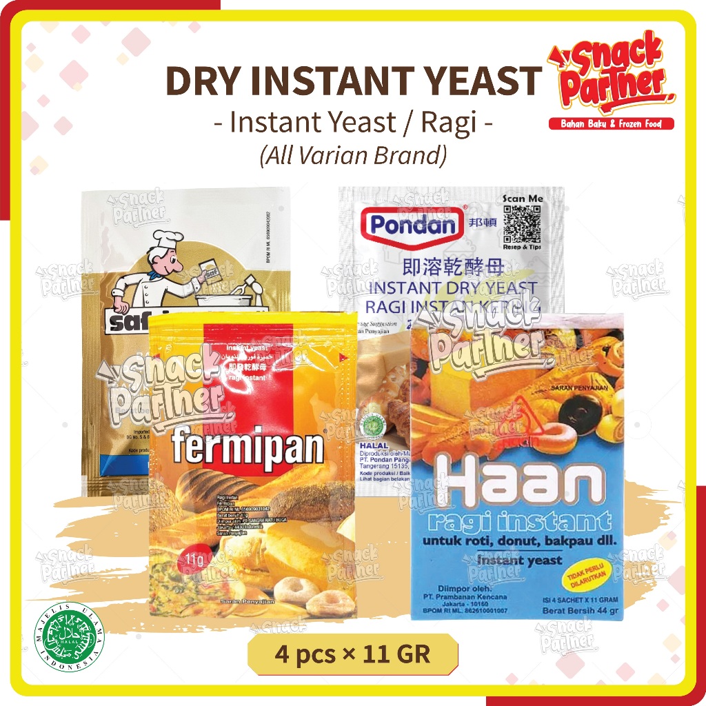 

RAGI INSTANT Sachet (4 pcs x 11 gr) - Dry Instant Yeast / Ragi Kering Instan - Fermipan SAF Pakmaya Haan Pondan - Pengembang Roti Tawar/Manis Kue Cake Donat Bakpao