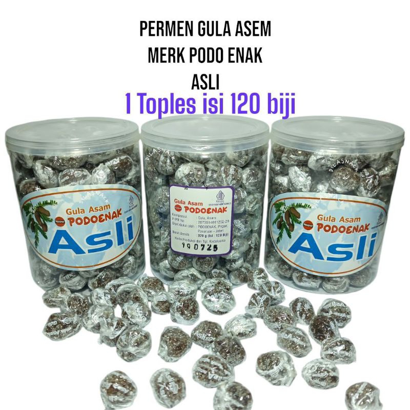 

Permen Gula Asam PODOENAK ASLI 1 toples isi 120 butir permen gula asem jadul permen asem dibungkus satu satu permen jadoel gula asem tidak keras merk Podo enak