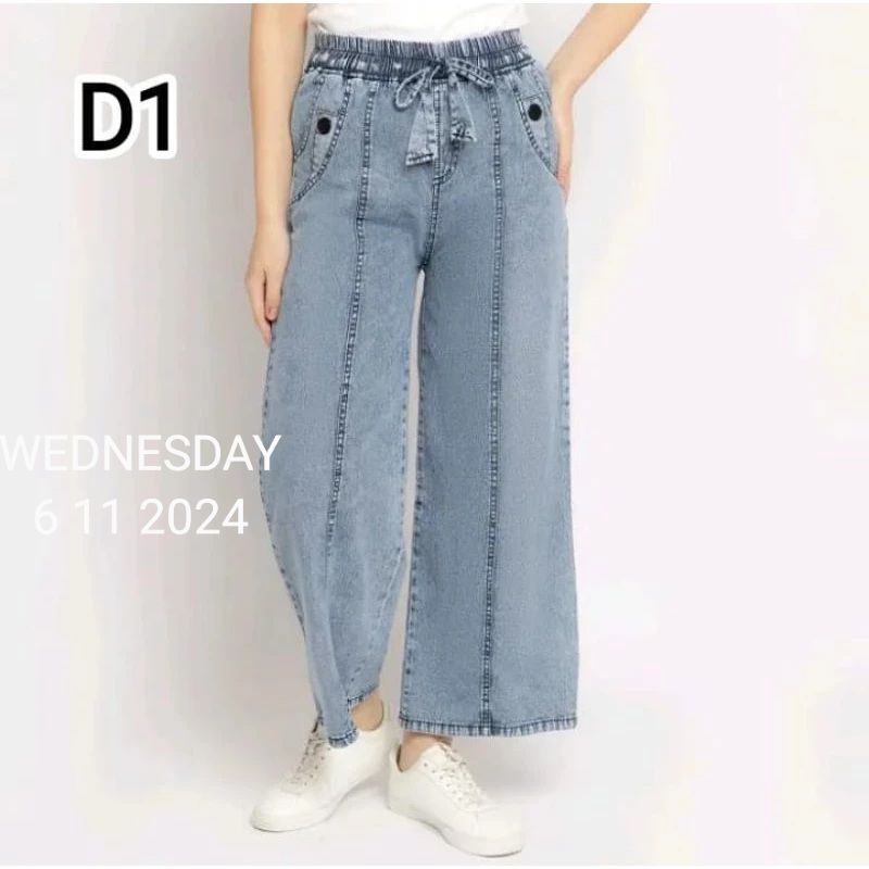 Celana kulot dewasa jeans wanita Palazzo Denim bawahan jeans pinggang karet