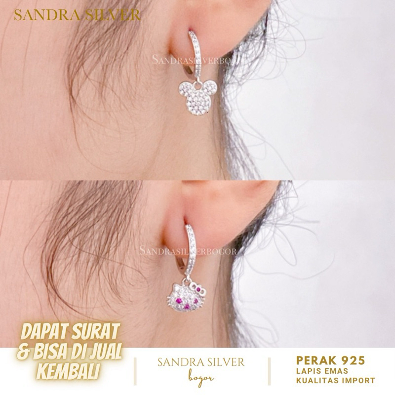 Anting Jepit Dewasa Mickey dan Hello kitty Perak 925 lapis emas putih