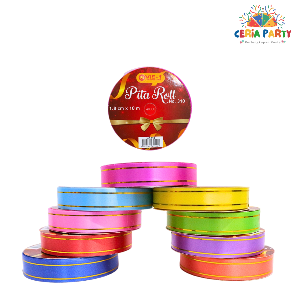 

Pita Kertas panjang 10meter merek VIS-1 motif List Emas/ Pita kado / kode 310