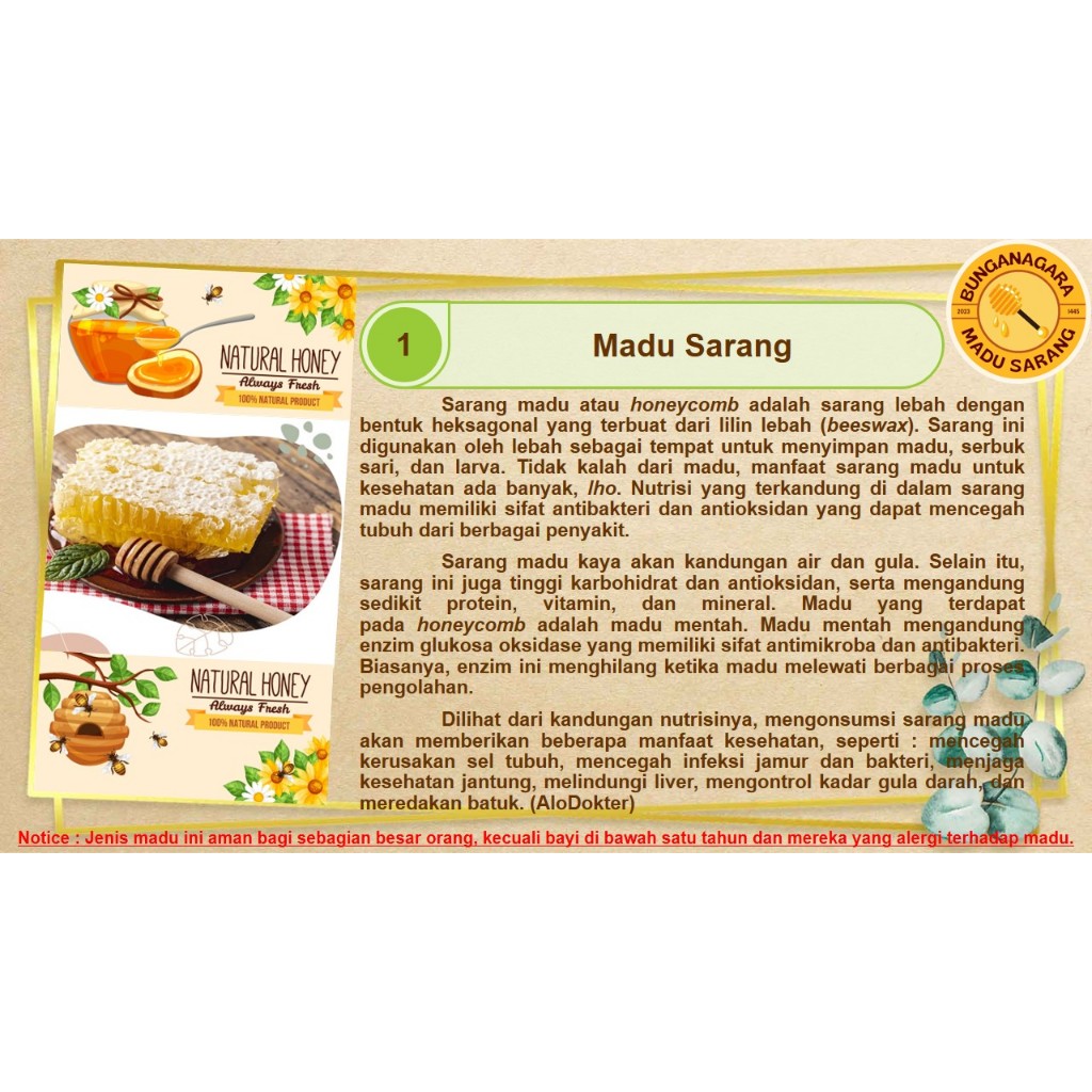 

MADU SARANG ASLI HUTAN ALAM 100 GRAM 250 GRAM 500 GRAM BUNGANAGARA PURE HONEY