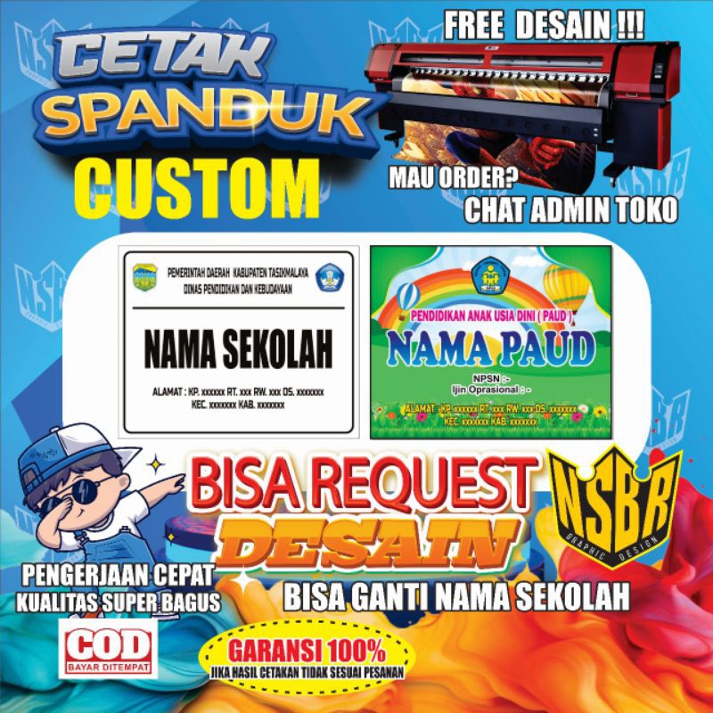 Cetak Spanduk Plang Sekolah Tingkat TK/PAUD/SD/SMP/SMA Bisa Edit Nama Ukuran 100x80cm