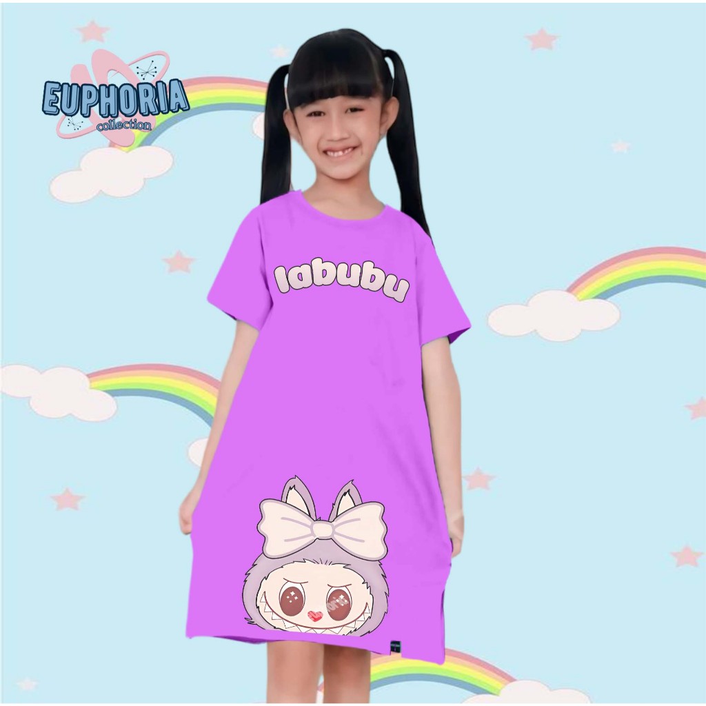 Baju Dress Tunik Anak Gambar Labubu The Monster Pita Bahan Premium//free nama