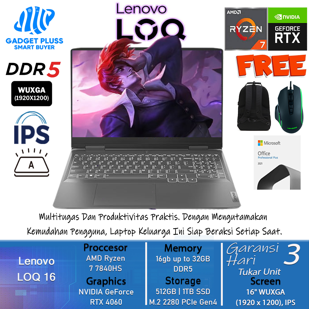 Laptop Gaming Lenovo LOQ 16 Gaming AMD Ryzen 7 7840HS Ram 16GB DDR5 1TB SSD RTX4060-8GB 16.0 WUXGA I