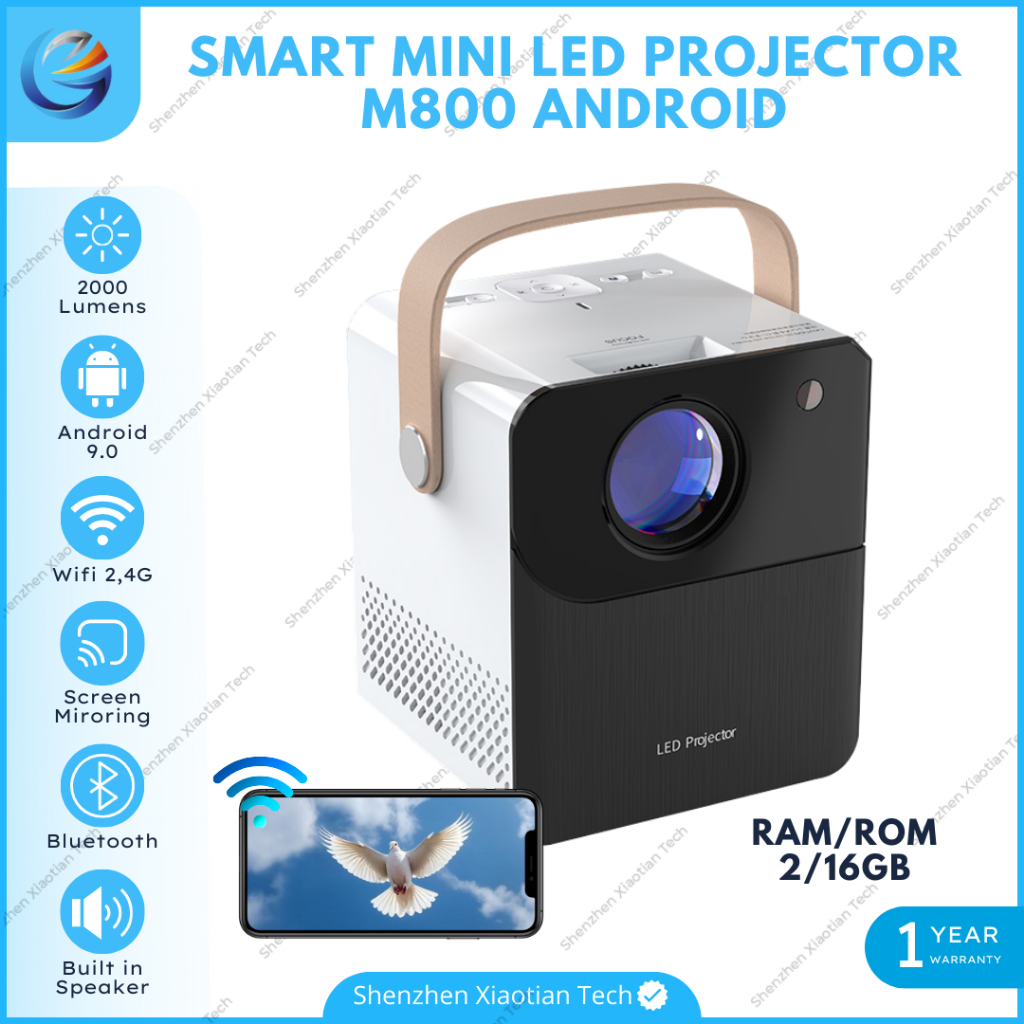 Smart Proyektor Mini LED M800 Android 9.0 Wifi 2000 Lumens | Proyektor Android 4K Full HD | Proyekto
