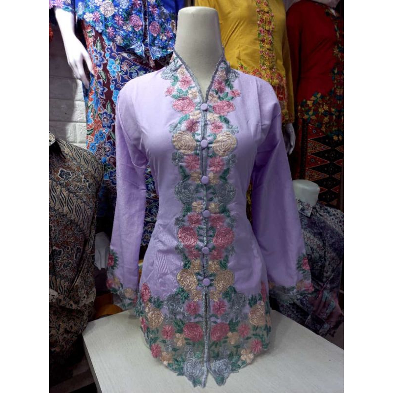 Kebaya encim modern bahan katun 30 S motif Betawi bunga warna Ungu muda, Pink muda, Orange terakota,