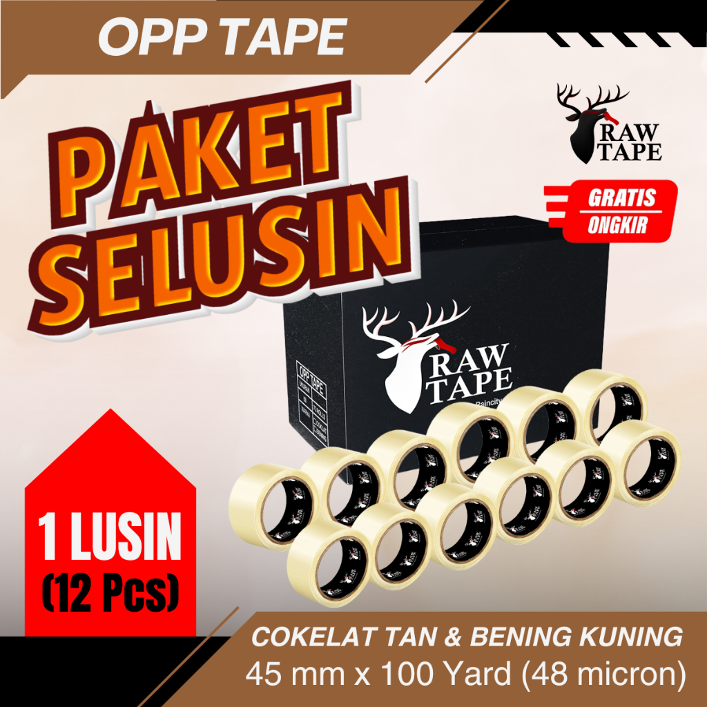 

Lakban Bening Cokelat 100yard x 45 mm 12 PCS (48 micron) RAW TAPE