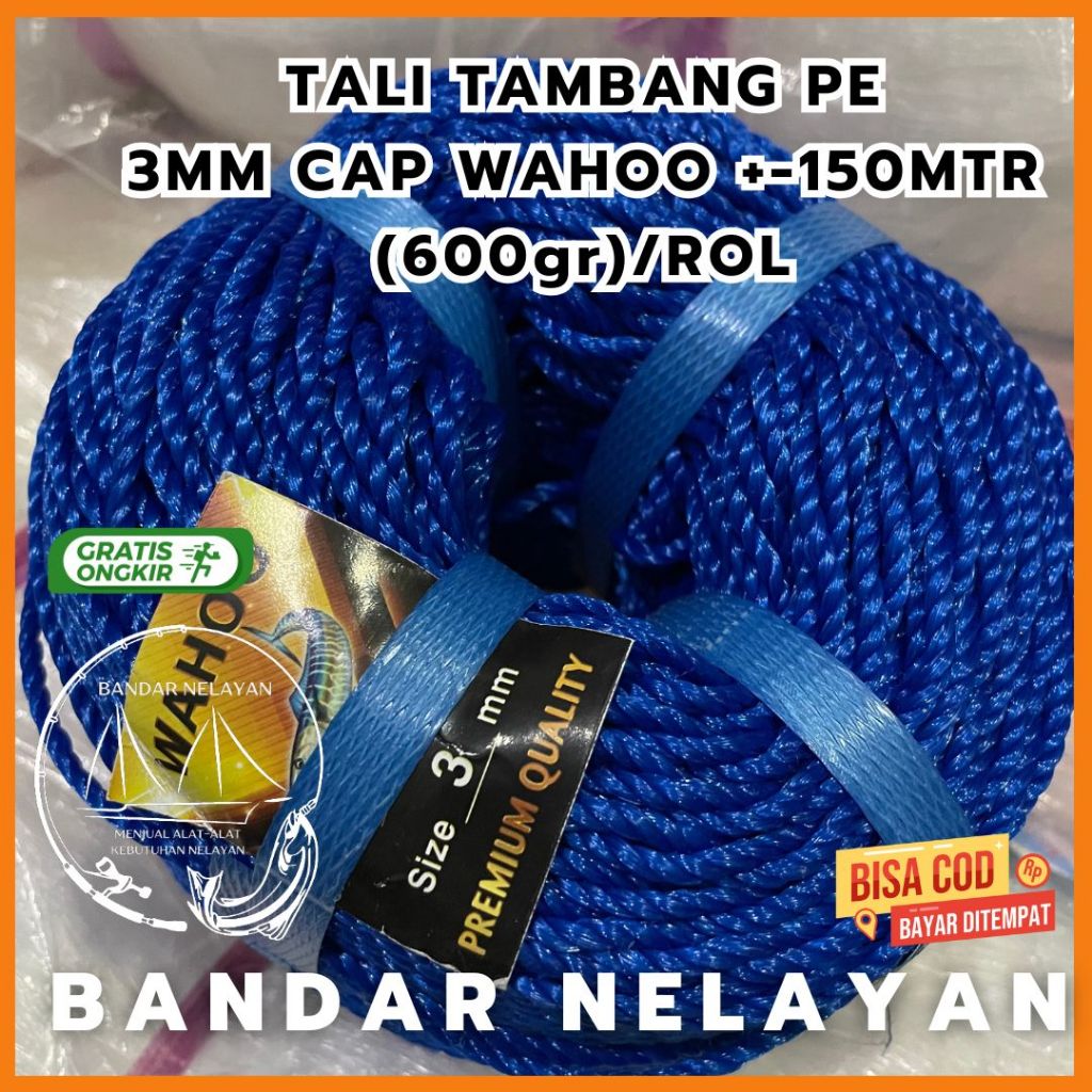 

Tali 3mm / Tali Tambang 3mm PE 1 ROL 0,6 KG Murah CAP WAHOO