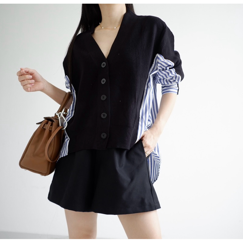 Ladymiuku - Levi shirt | kemeja atasan kombinasi rajut dan katun import