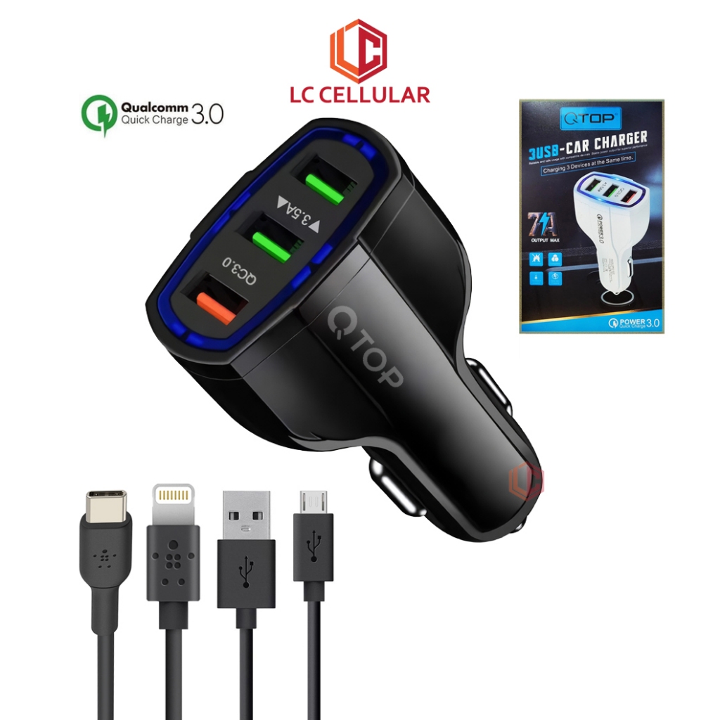 Car Charger Casan Mobil Colokan 3 Device USB Fast Charging QC3.0 3.1A Tahan Lama LED Lampu Grosir