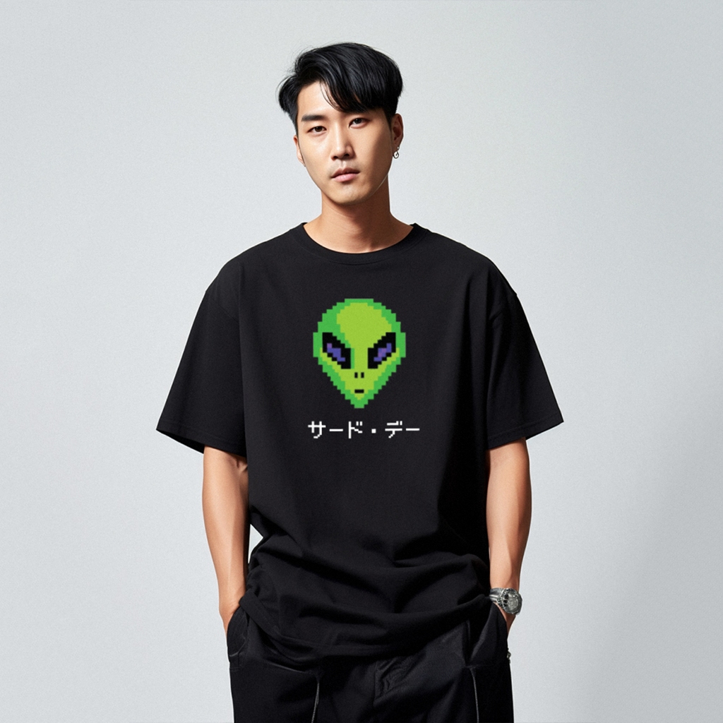 MTO87 Kaos Oversize Tangan Pendek Tshirt Pria Scuba Lux Tebal Gambar "Alien UFO Pixel" Hitam