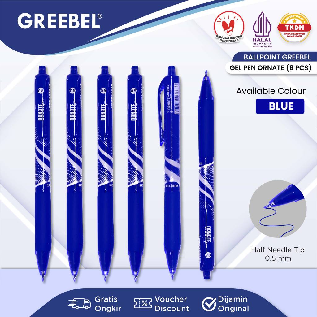 

GREEBEL PULPEN GEL/ Gel Pen Gp-505 Ornate Biru 0.5 (6PCS/SET) / Ballpen Gel Ballpoint Bolpen Bolpoin Pena Gel