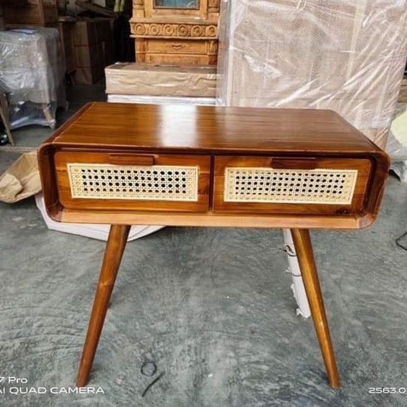 nakas retro rotan 2 laci meja nakas rotan