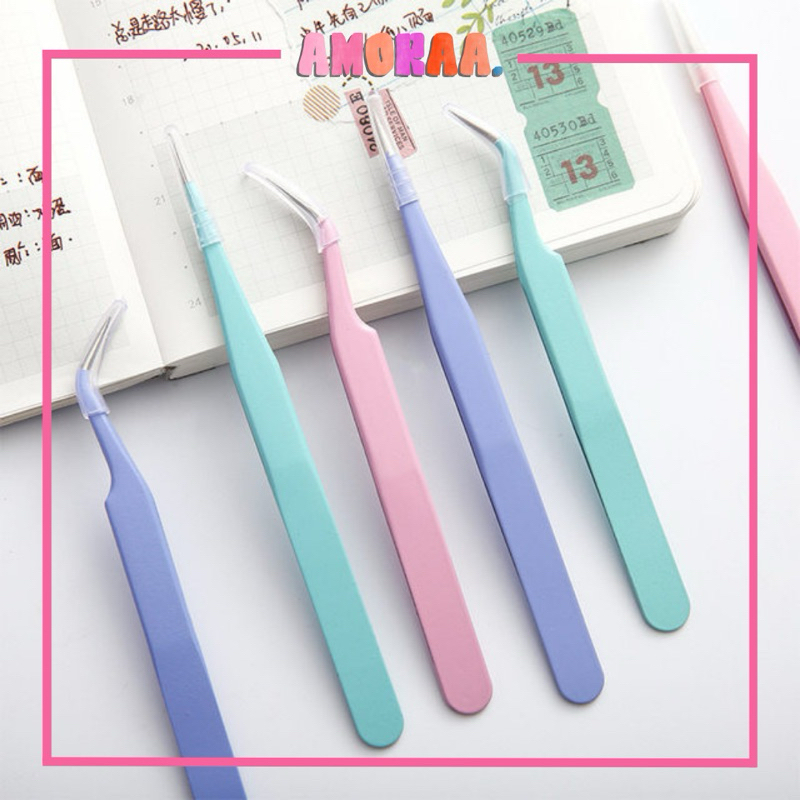 Pinset Miring Bengkok Lurus Jepit Bulu Mata Nail Art Sticker Tweezer Serbaguna Stainless Komedo