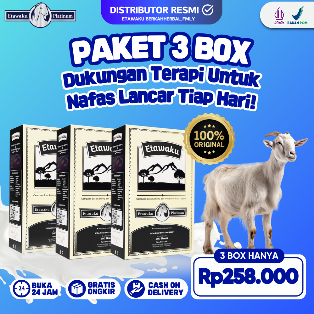 

Paket 3 Box Etawaku Platinum Original - Susu Kambing Etawa Sesak Nafas Pergi, Hidup Lebih Berenergi