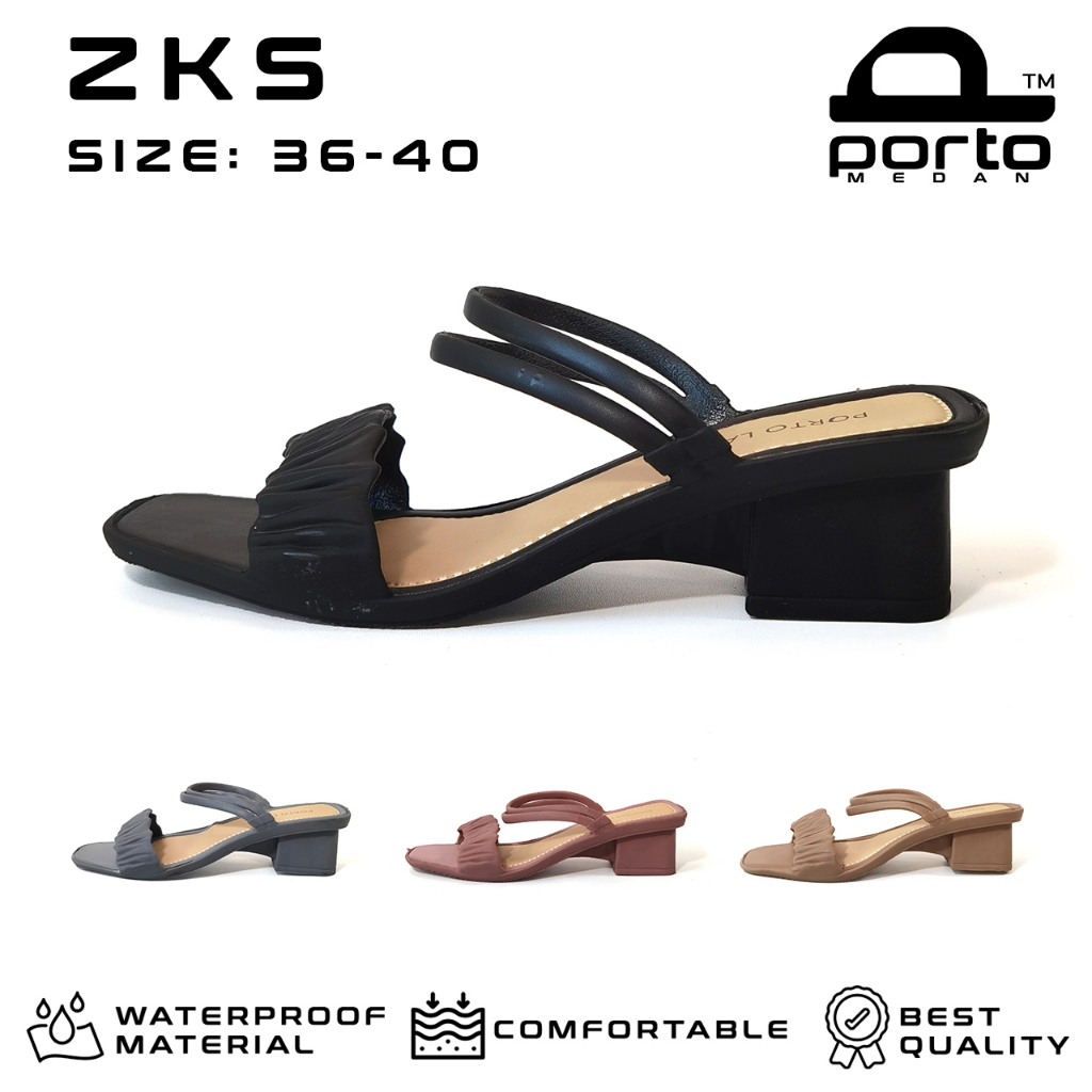 Porto Lady ZKS Sandal Wanita Black Heels Hak Tahu Karet